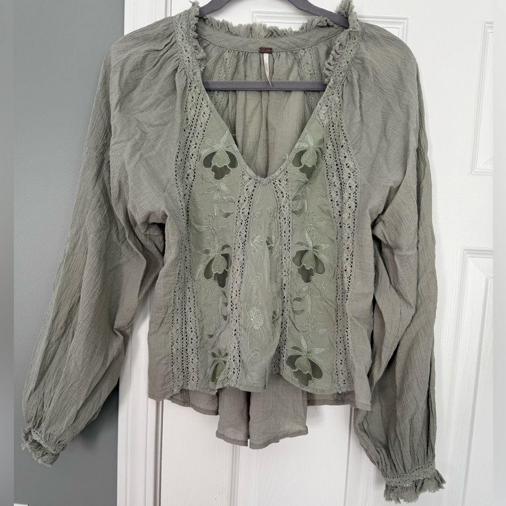 Free People Sivan Embroidered Blouse Top Moss Xs
